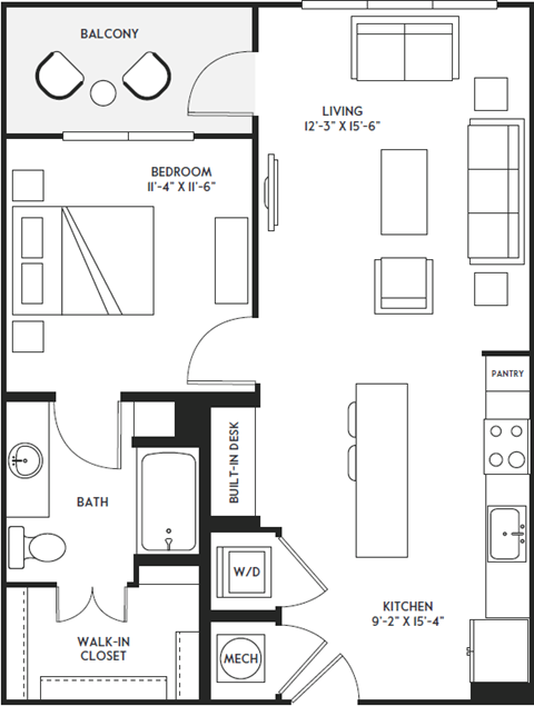 Floor plan for 1 bed, 1 bath, 746 sqft